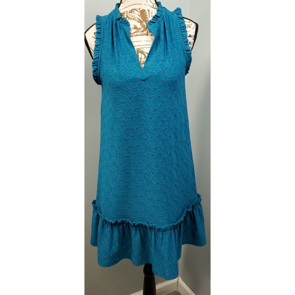 Michael Kors Mini Dress Womens XS Blue Eyelet Lace Sleeveless Ruffle Hem V-Neck